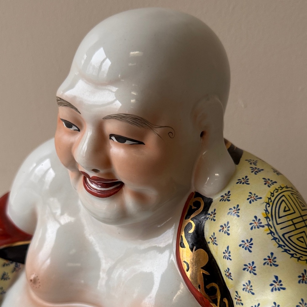 Vintage Hand-Painted Porcelain Laughing Buddha Statue in White and Multicolor - Picture 6 of 14